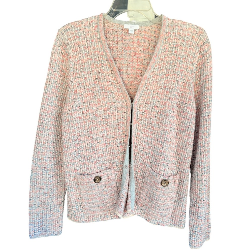 A7 J. Jill Cardigan Tweed Knit Open Front Coastal Pastel Hook Eye Sweater XS